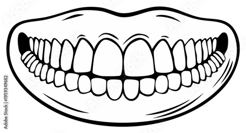 Wide Open Mouth Displaying Many White Perfect Teeth and Gums Black Outline