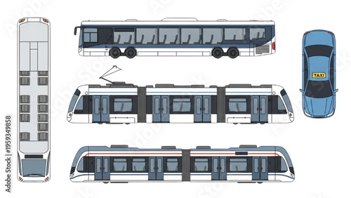 A detailed illustration of a modern train and car from multiple views