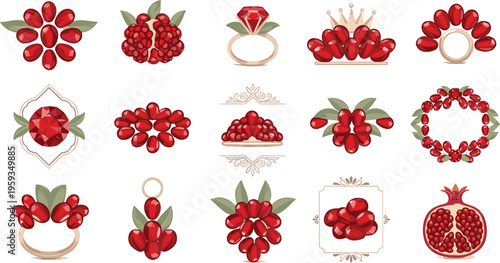 Pomegranate jewelry and decorative frame set with gemstone style fruits, wreaths, rings and ornamental designs vector collection isolated on white background