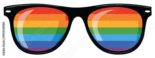 Stylish black-framed sunglasses with vibrant rainbow flag lenses symbolizing pride, diversity, and summer celebration