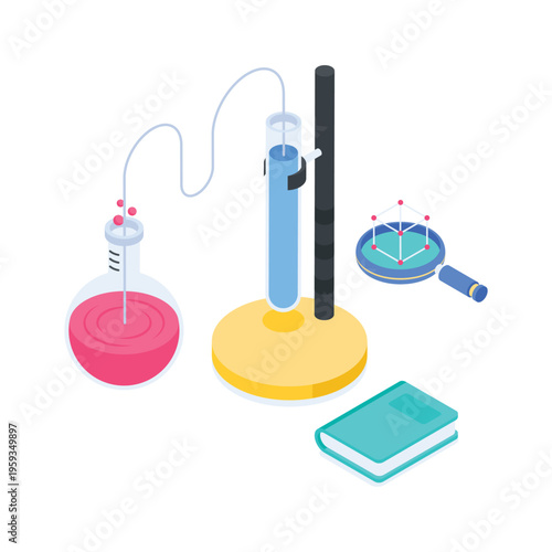 Premium isometric illustration of laboratory experiment setup with scientific equipment.