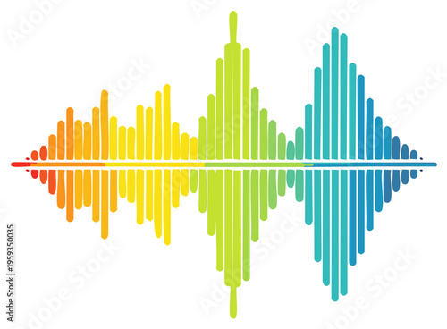 Vibrant audio wave reflected, spectrum bars in rainbow gradient for music visualization and sound design graphic element
