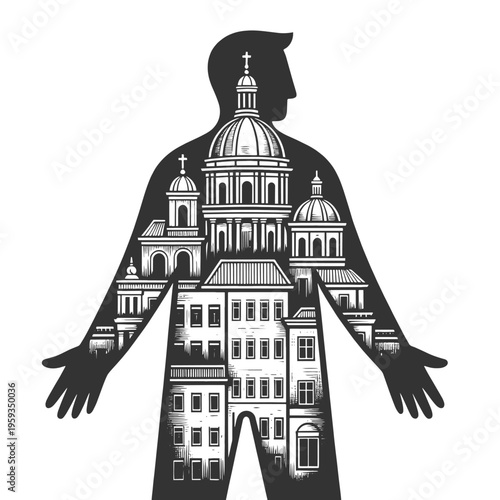 human figure composed of urban buildings, city life, identity, architecture, and urbanization concepts sketch engraving generative ai vector illustration. Scratch board imitation. Black and white.