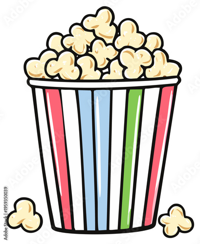 Cartoon Popcorn Bucket Filled with Fresh Popcorn; Striped Container with Red, Blue and Green Stripes
