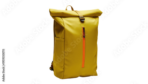 Foto Stylish mustard yellow roll-top backpack with bright orange zipper, perfect for