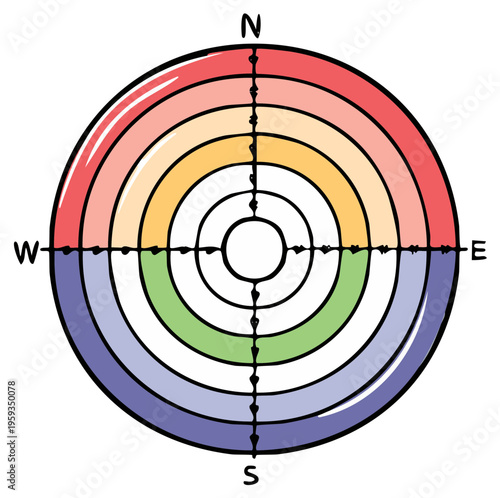 Colorful concentric circles with compass points representing directions