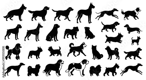 Set Black and white vector of various species of dogs silhouette
