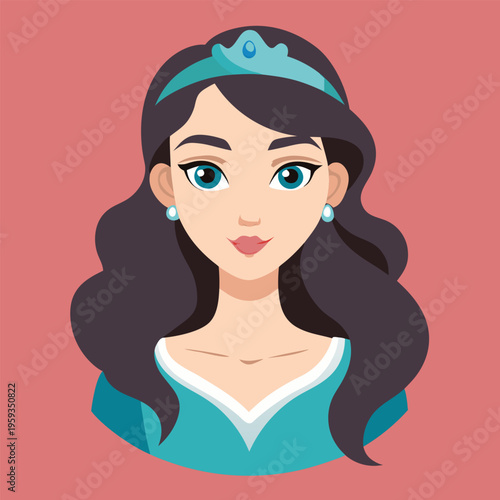 Cartoon princess, blue tiara, long dark hair, turquoise dress, vector illustration