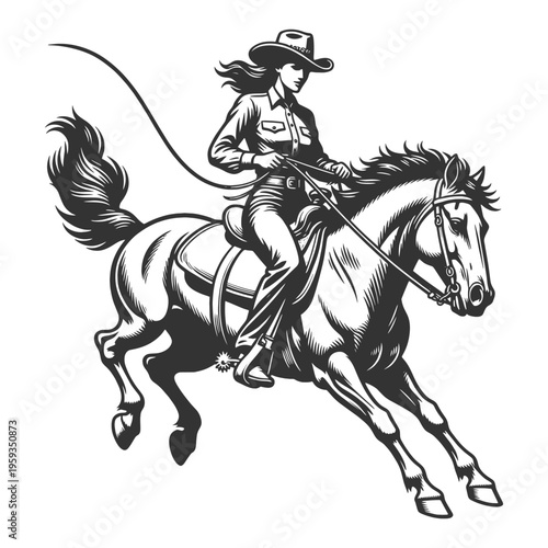 cowgirl riding a horse in motion, capturing western lifestyle, rodeo spirit, and dynamic equestrian action sketch engraving generative ai vector illustration. Scratch board imitation. Black and white.