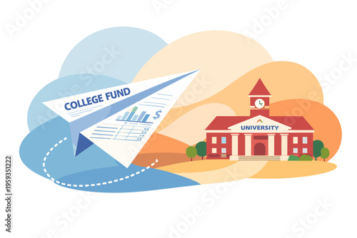 Paper airplane with college fund document flying towards financial growth.