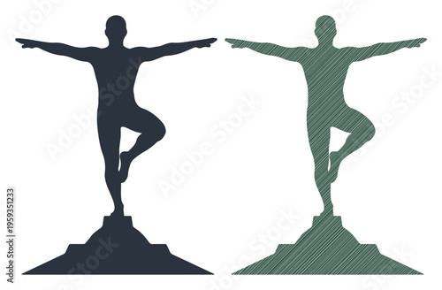 Silhouettes of a person in a yoga pose symbolizing balance and strength on a stepped platform.