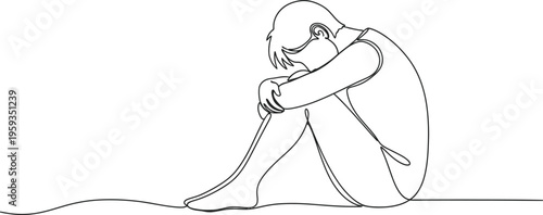 Continuous single line drawing of sad person sitting alone representing loneliness emotion concept minimalist design