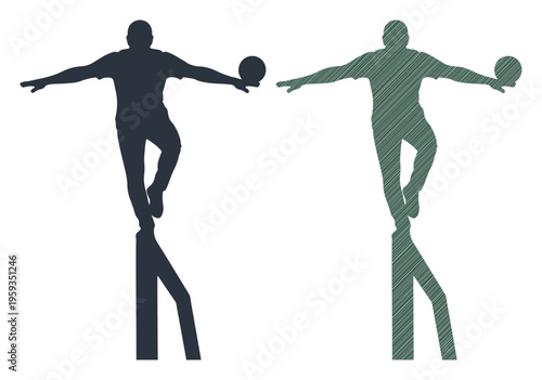 Acrobats balancing on pedestals, one silhouette, one with hatched texture, holding a ball.