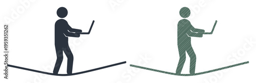 Person balancing on a tightrope while using a laptop, representing digital challenges and focus