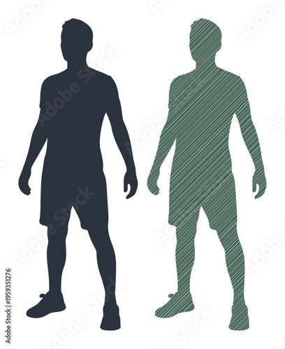 Two stylized silhouettes of men standing side by side, one solid, one with a hatched texture.