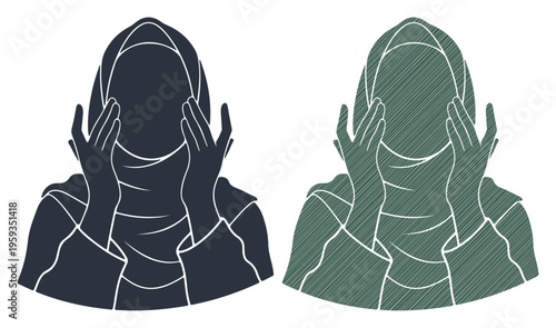 Two figures in hijabs in prayer or supplication, expressing devotion and peace.