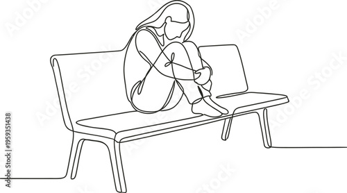 Continuous single line drawing of sad person sitting alone representing loneliness emotion concept minimalist design