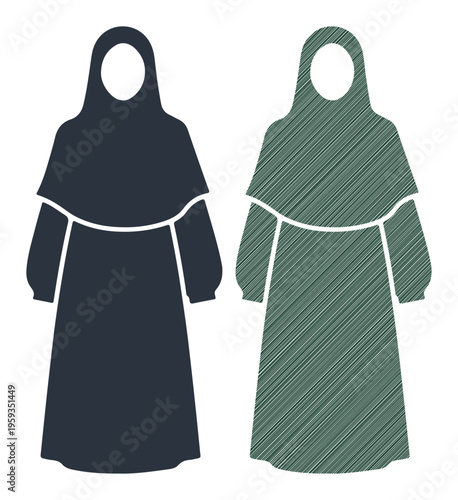 Two elegant modest dresses with hijabs, one solid and one textured, displayed side-by-side.