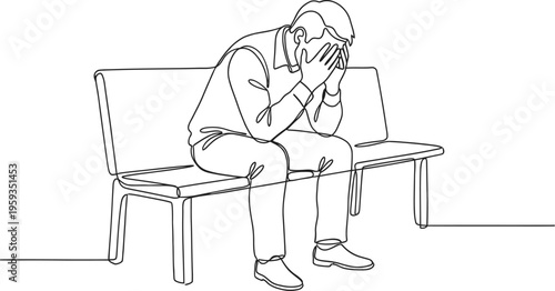 Continuous single line drawing of sad person sitting alone representing loneliness emotion concept minimalist design