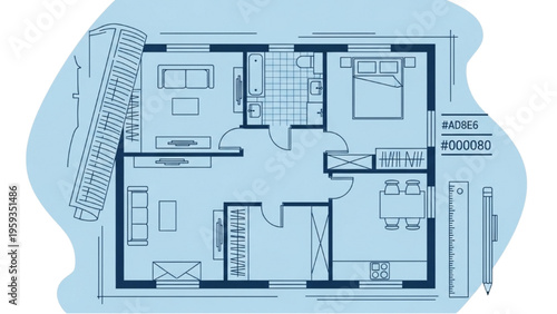 The architectural illustration shows a detailed floor plan of a modern house interior.