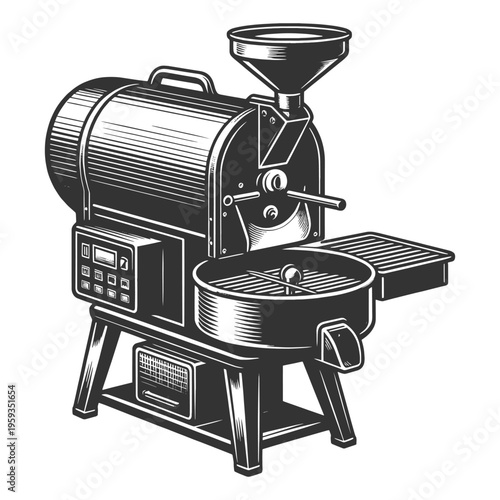coffee roasting machine, coffee production, craftsmanship, roasting process, and traditional industrial equipment sketch engraving generative ai vector illustration. Scratch board. Black and white.