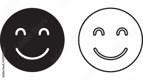 Smiling face icons black and white with transparent background