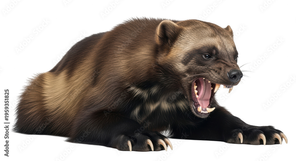 Obraz premium A brown wolverine with sharp teeth and claws is growling aggressively while lying down on isolated transparent background