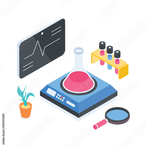 Premium isometric illustration representing scientific research and chemical analysis process