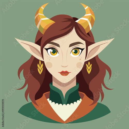 Fantasy creature, mythical being, cartoon elf, horned character, vector illustration