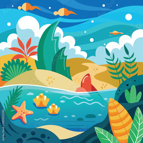 Underwater ocean scene, sea creatures, tropical beach, vector illustration