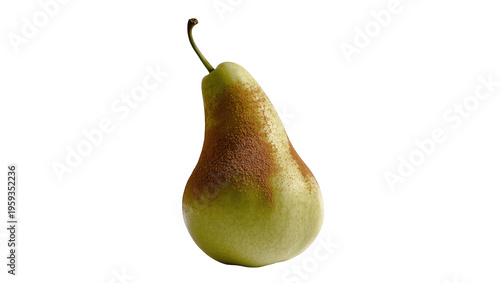 Photos Fresh single green pear fruit with natural brown russeting and stem, ready to ea