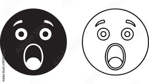Shocked face emoji icon set black and white