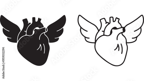 Heart with wings outline symbol with transparent background