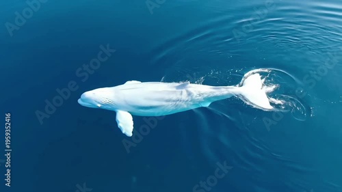 Aerial drone view of a solitary white beluga whale swimming through calm deep blue ocean water, peaceful marine life scene in a natural wild habitat.