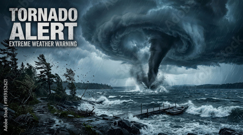 Large tornado funnel cloud touching down on a lake with rough waves near a rocky shoreline featuring a wooden dock, small boat, and wind-swept pine trees during a severe rain storm