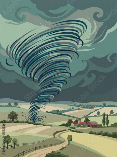 Stylized graphic illustration of a large dark tornado funnel cloud moving across a rural landscape with rolling hills, green fields, a small farm with a red barn, and a winding road.