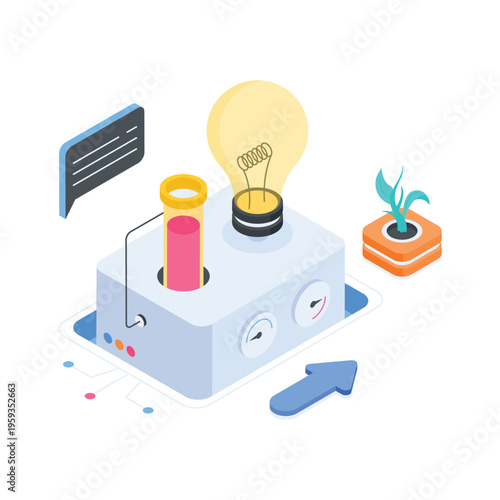Well designed isometric illustration showing chemical experiment reaction in laboratory