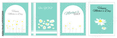 Fresh Mother’s Day card collection with chamomile flowers and green backgrounds. Light and natural style for greetings and seasonal branding.