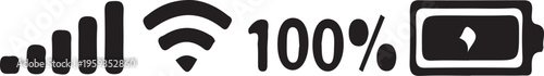 Mobile phone signal strength, battery full, 100 percent charged, wireless network icons isolated on Transparent Background
