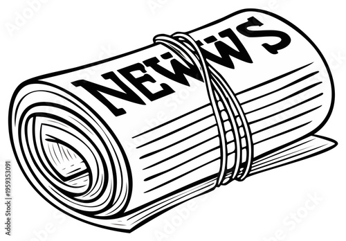 Rolled newspaper tied with string featuring headline news in black and white line art cartoon style illustration