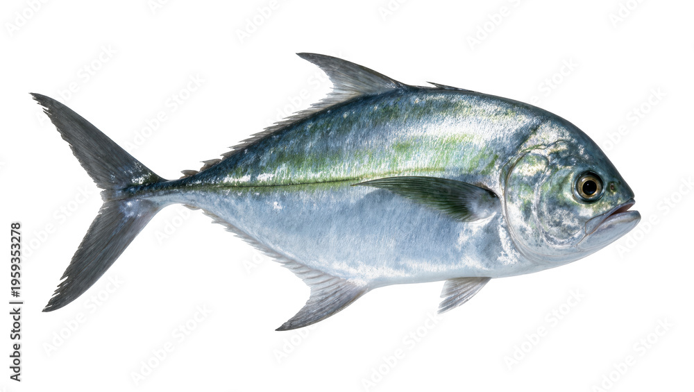 Obraz premium Close-up shot of a magnificent silvery-blue fish, a common jack or trevally, swimming gracefully
