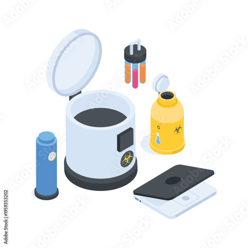 Well crafted isometric illustration depicting hazardous chemical waste disposal system