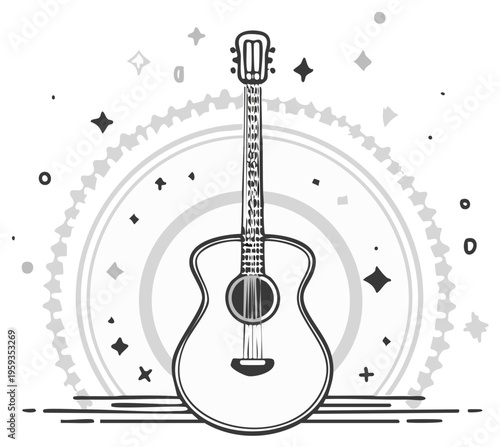 Acoustic Guitar Illustration Centered in Decorative Circular Design Elements