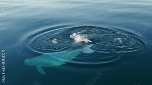 Majestic white beluga whale surfacing to breathe in calm blue sea and then diving underwater with a splash of its tail flukes.