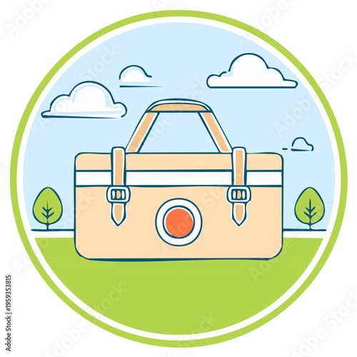 Stylish duffel bag illustration with outdoor elements, trees, sky and clouds against green lawn. Perfect for travel or summer vacations