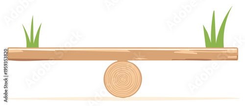 Wooden log seesaw with grass tufts in perfect balance symbolizing nature and harmony