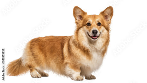 Cute fluffy Pembroke Welsh Corgi dog standing with a happy smile and friendly expression