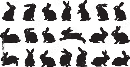Black rabbit silhouettes, bunny icons, 20 rabbit shapes, vector illustrations isolated on Transparent Background