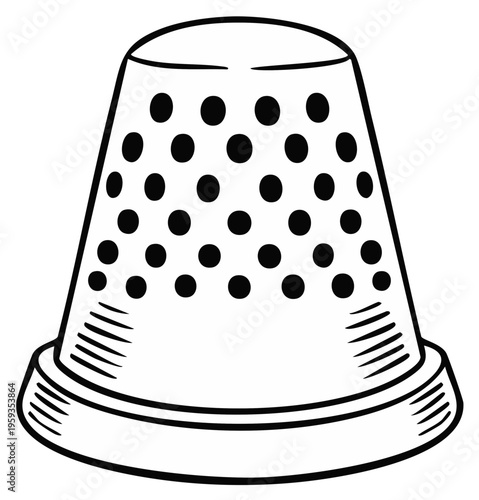 Black and white illustration of a sewing thimble with dots, hand drawn design