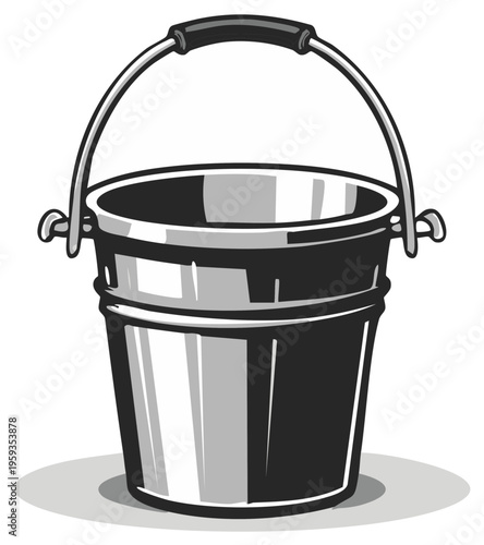 Illustration of a metal bucket with a handle in a detailed black and white style
